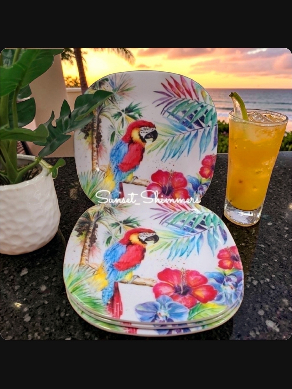 4 Parrot Tropical Hibiscus Flower Palm Tree Melamine Salad App Dessert Plate Set